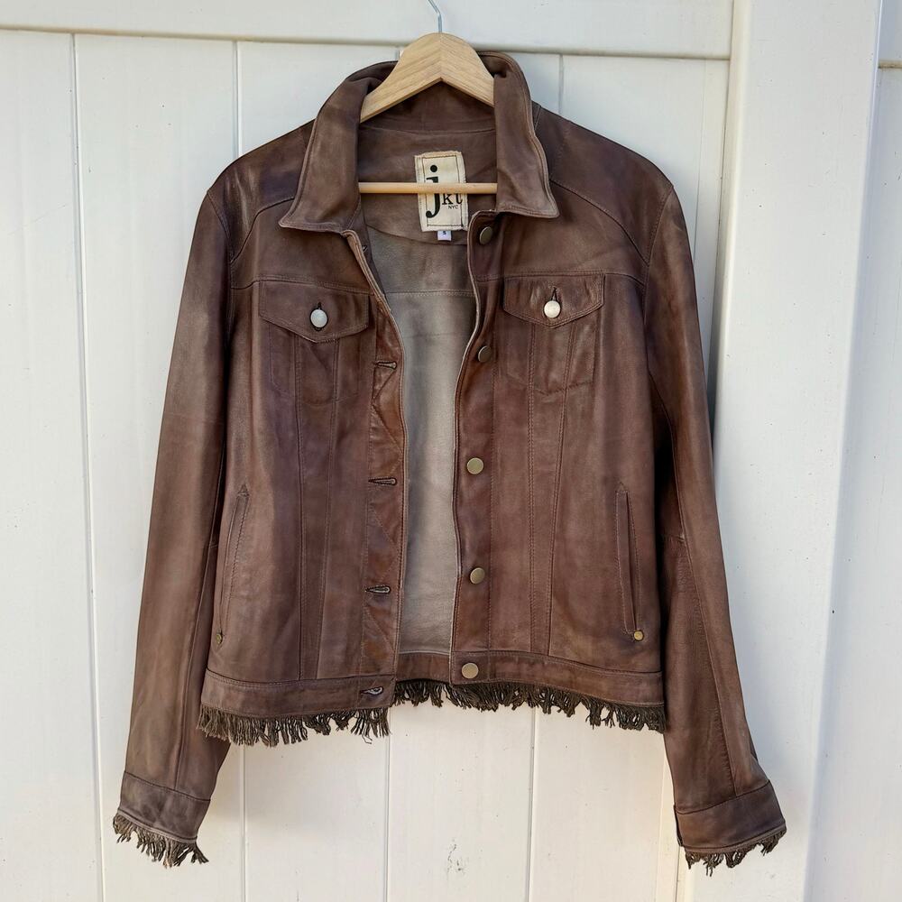 Jakett Alexa Jacket Washable Genuine Leather Fringe Patina Crop JKT NYC Brown S